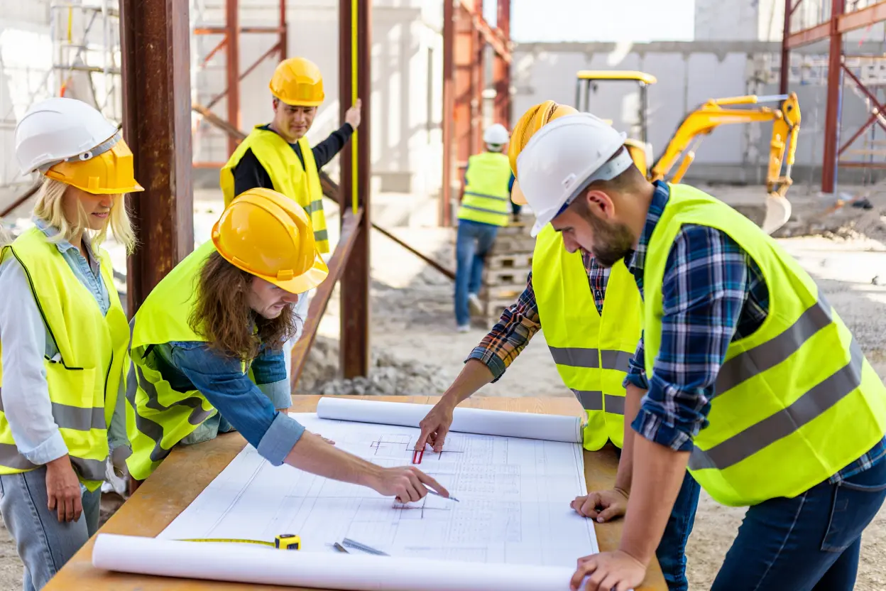 Équipe polonaise travaillant ensemble sur projet BTP