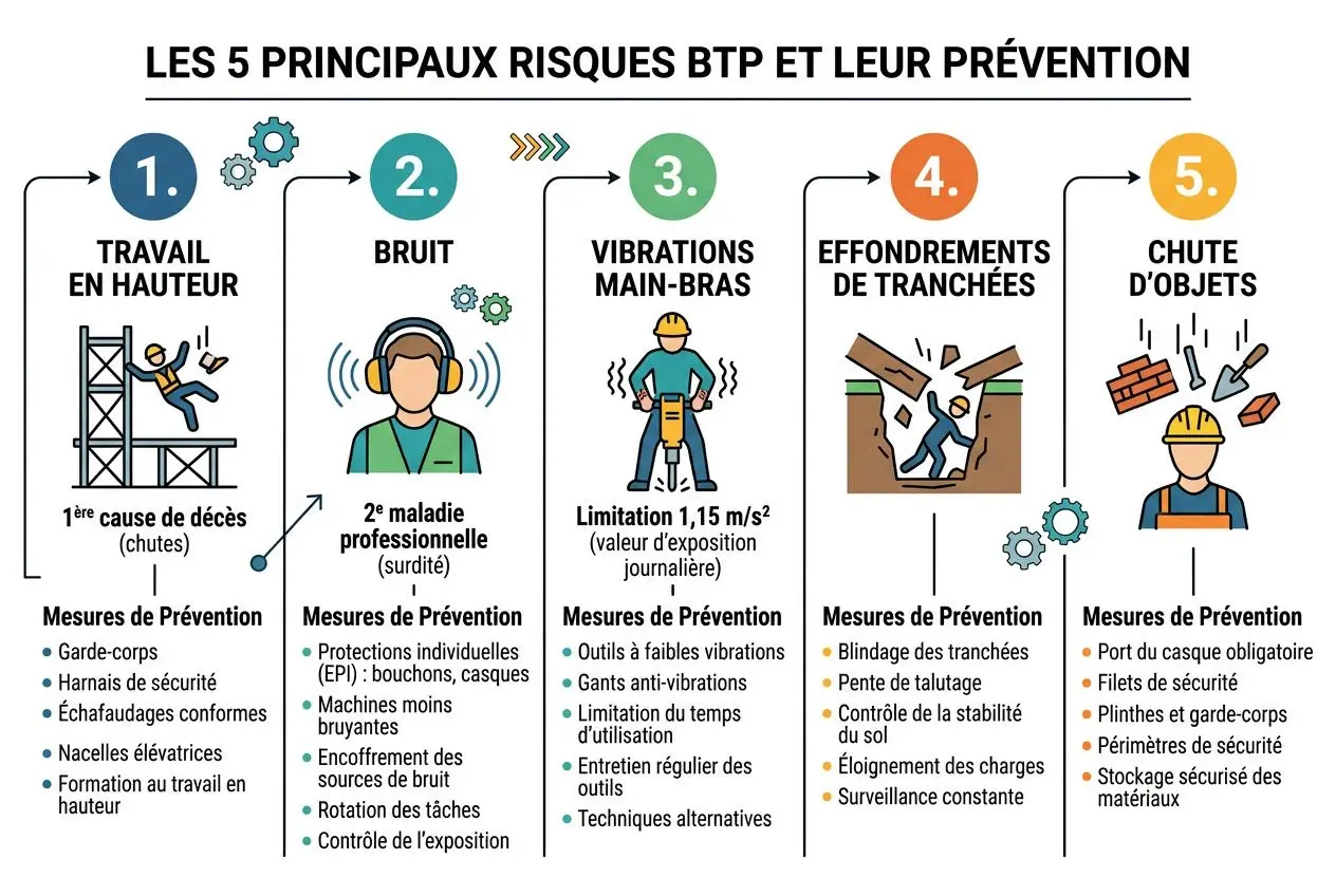 LES 5 PRINCIPAUX RISQUES BTP ET LEURS PRÉVENTIONS: travail en hauteur, bruit, vibrations mains-poignets, effondrements de tranchées et chute d’objets, illustration associant prévention et EPI pour sécurité chantier BTP.