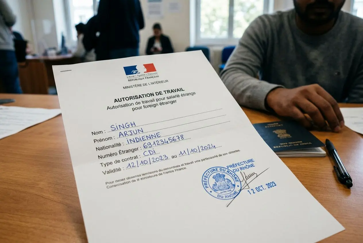 Autorisation de travail en France pour les étrangers: document officiel posé sur une table, avec signature et sceau, prêt à être utilisé.