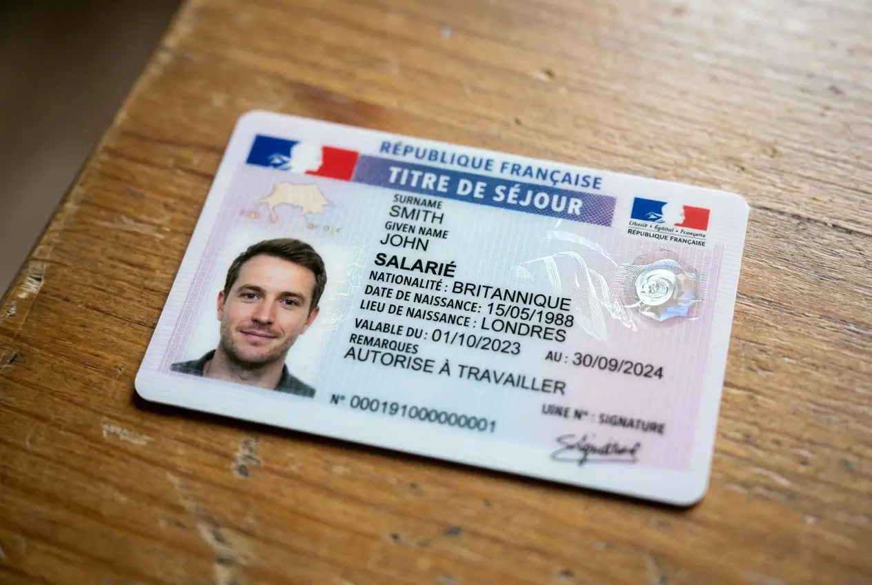 Carte d'identité de séjour française affichant le texte “Autorise à travailler”, sur une table en bois. Autorisation de travail en france pour les étrangers intégrée subtilement.