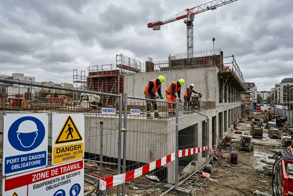 Construction en cours sur un chantier BTP avec ouvriers en EPI au sommet d’un bâtiment, signalétique de sécurité et zone de travail délimitée. sécurité chantier btp.
