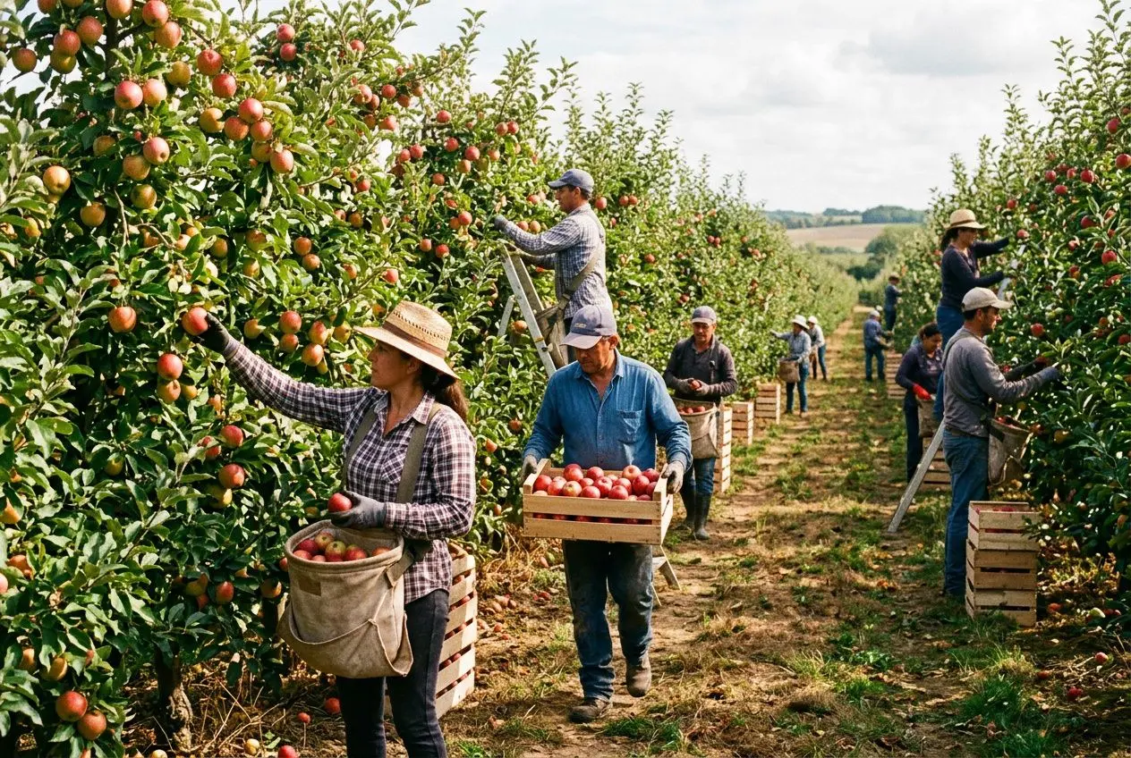 Cueillette pommes verger ouvriers