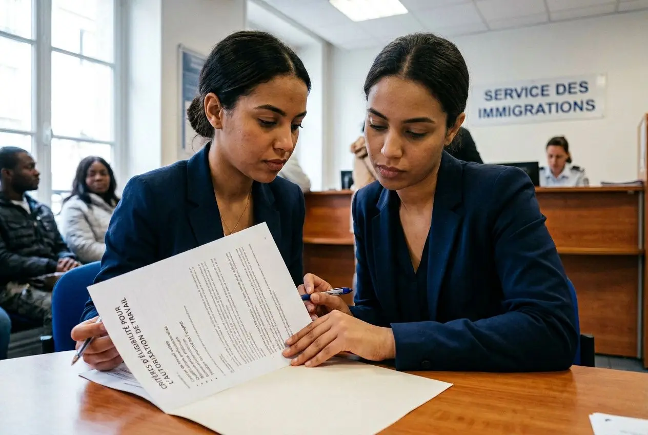 Deux femmes examinent un formulaire officiel près d’un guichet “Service des immigrations”, en train de préparer une demande d’autorisation de travail pour un salarié étranger.