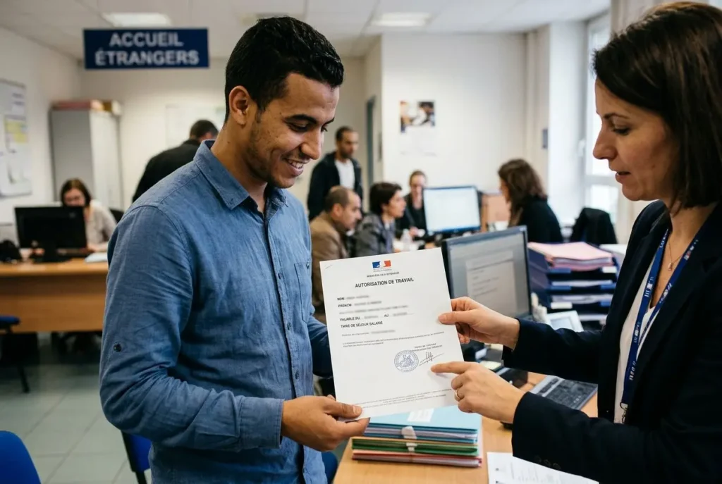 Un employé étranger reçoit un document officiel d’une agente administrative au bureau, signe et échange des formulaires d’autorisation de travail. Demande d autorisation de travail pour un salarié étranger.