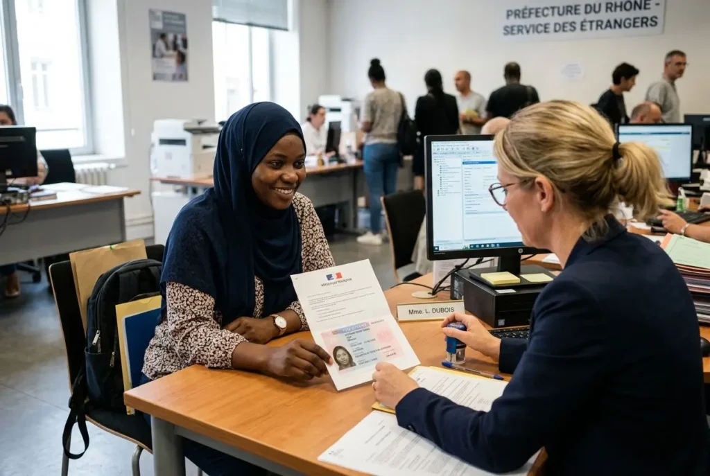 Une femme portant un hijab consulte un document avec une agente au bureau, échange administratif sur l’autorisation de travail en France.