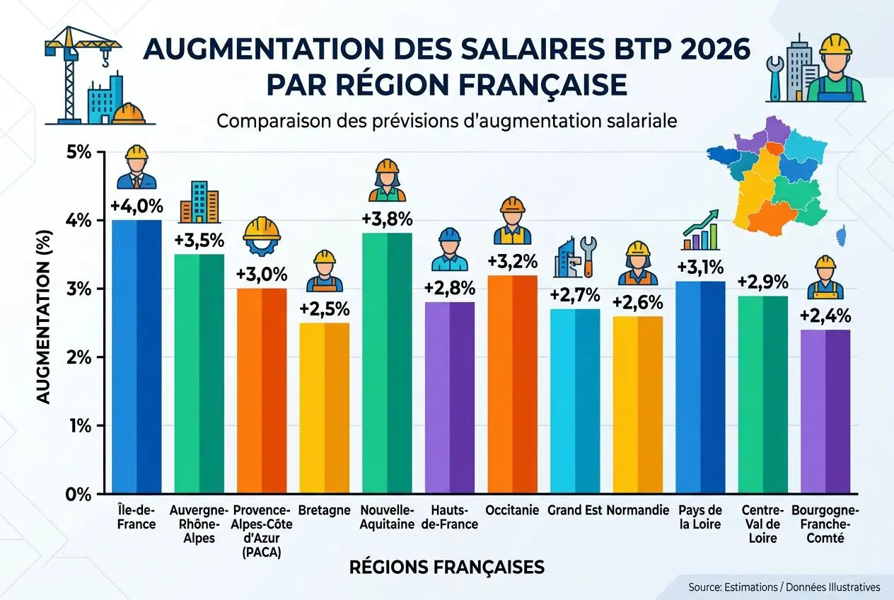 Grille salaire btp 2026 : graphique montrant les augmentations par région française, avec des barres colorées et des pourcentages variés.