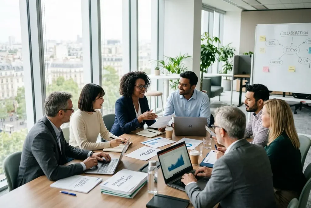Groupe multinational autour d’une table en réunion, échanges autour de documents et ordinateurs, cadre réglementaire du recrutement international évoqué.