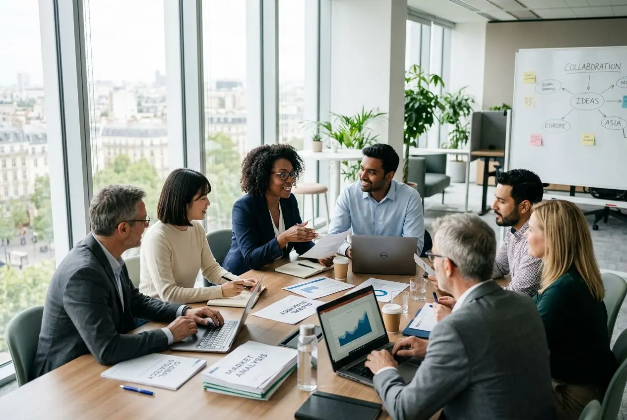 Groupe multinational autour d’une table en réunion, échanges autour de documents et ordinateurs, cadre réglementaire du recrutement international évoqué.