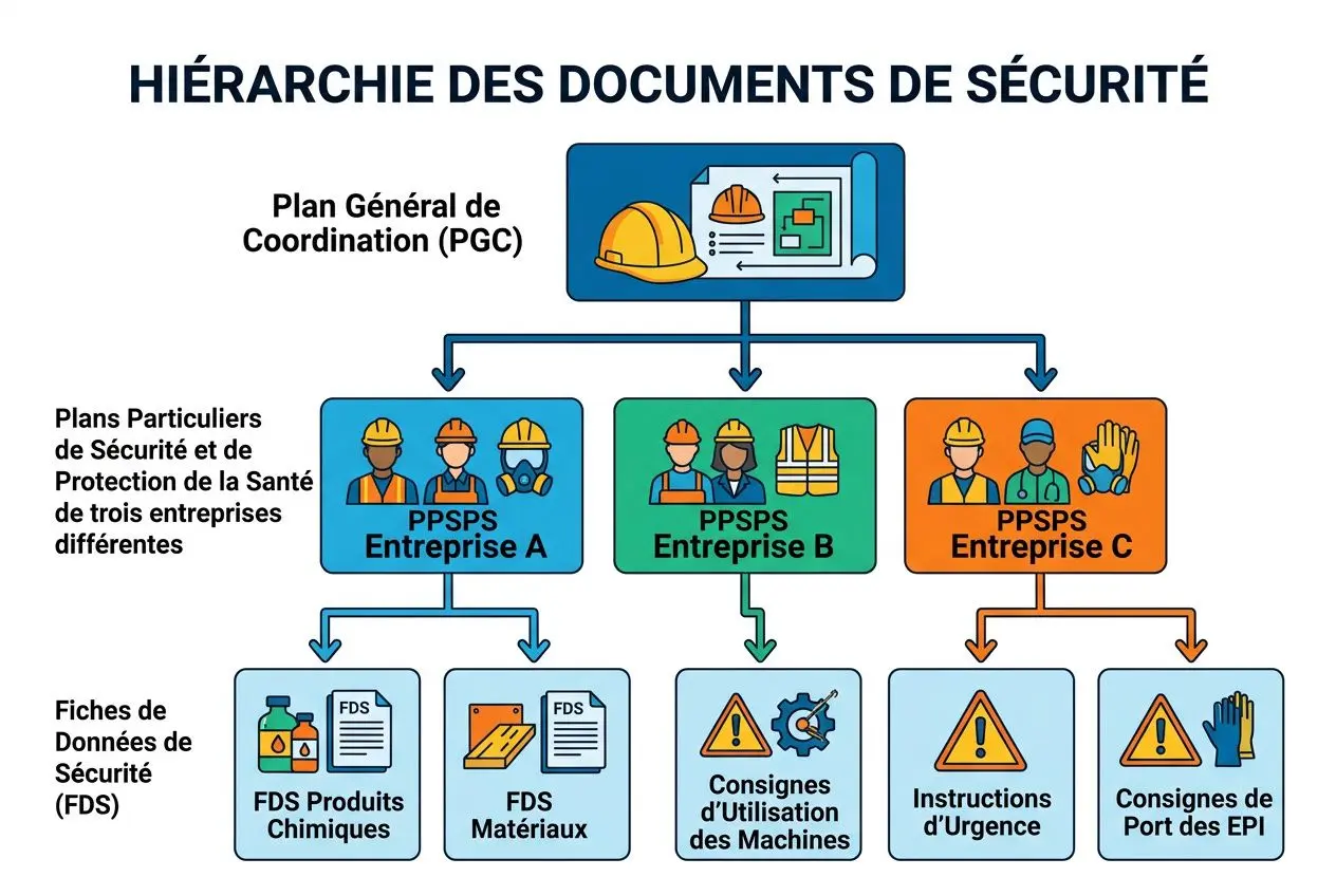 Hiérarchie des documents de sécurité sur un chantier BTP avec plans, PPSPS et fiches de données de sécurité (FDS), illustration de sécurité chantier btp
