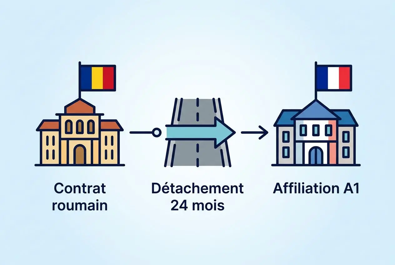 Illustration montrant les étapes des droits des roumains en france: contrat roumain, détachement de 24 mois, affiliation A1, puis arrivée en France.