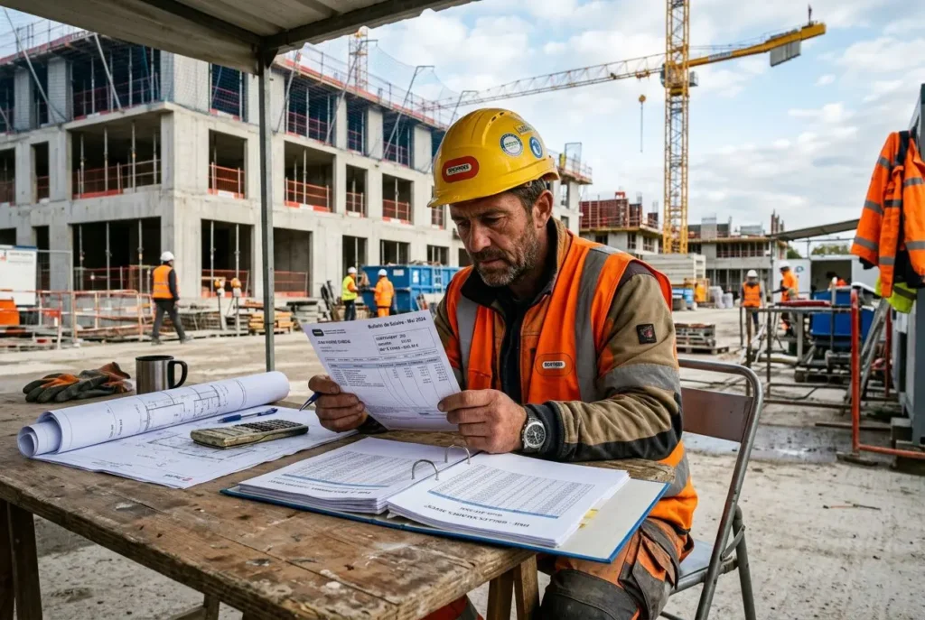 Ouvrier sur un chantier BTP enregistre des documents et plans sur une table, avec grues et bâtiments en construction en arrière-plan. grille salaire btp 2026