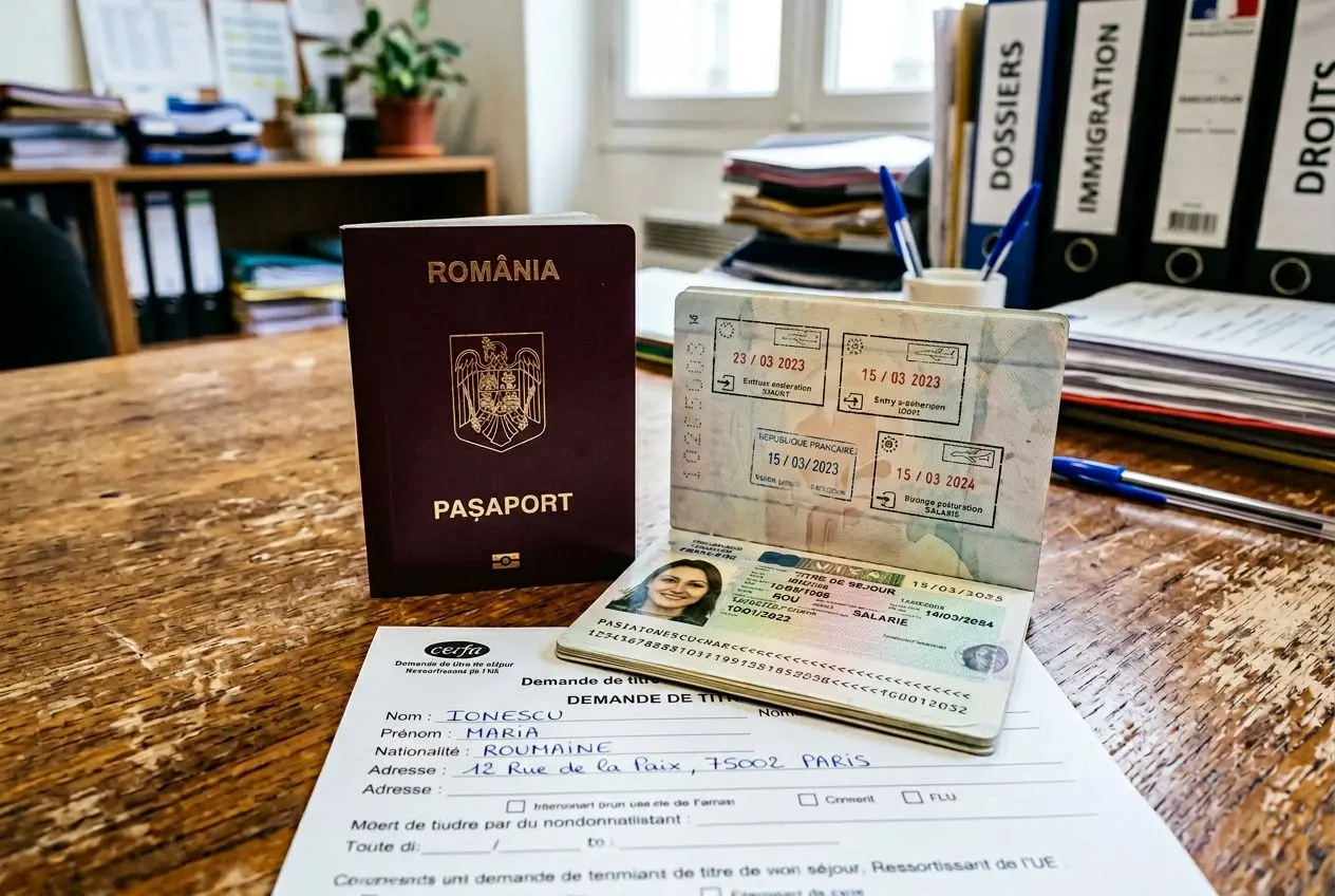 Passports roumain et documents administratifs sur un bureau, symboles des droits des roumains en france et des démarches d’immigration.
