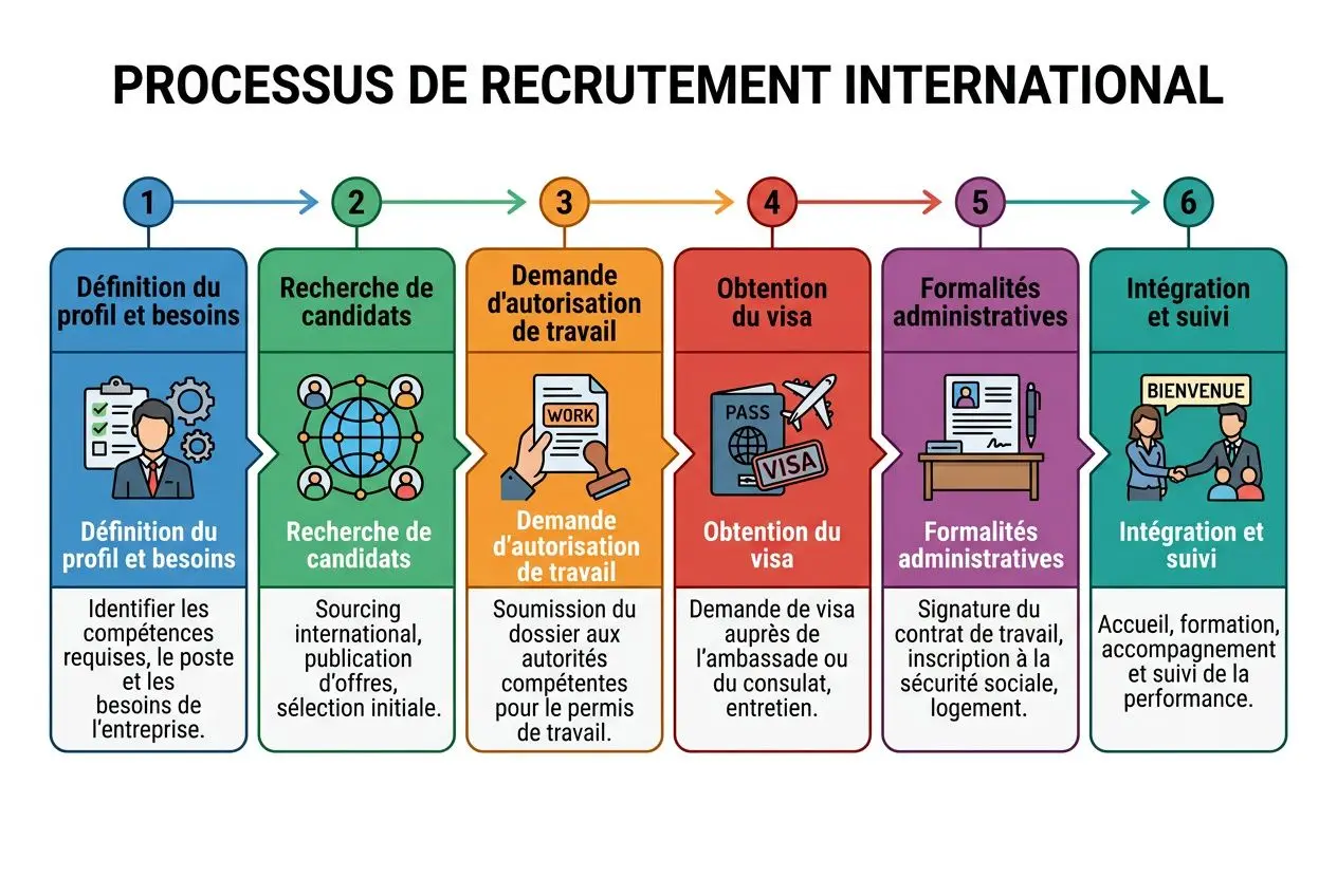 Processus de recrutement international: cadre réglementaire décrit étape par étape, de la définition du profil à l’intégration et suivi. (recrutement international cadre réglementaire)