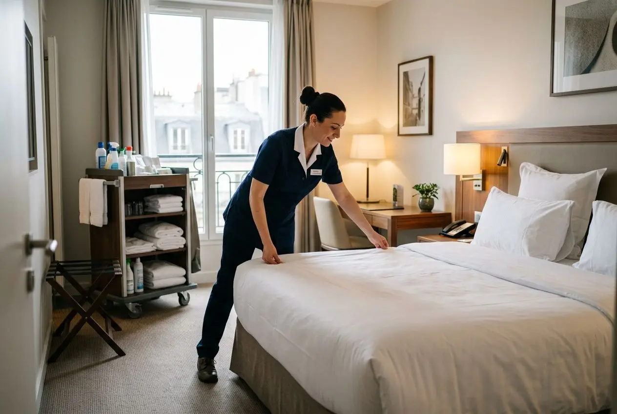 Valet de chambre intérimaire préparant une chambre