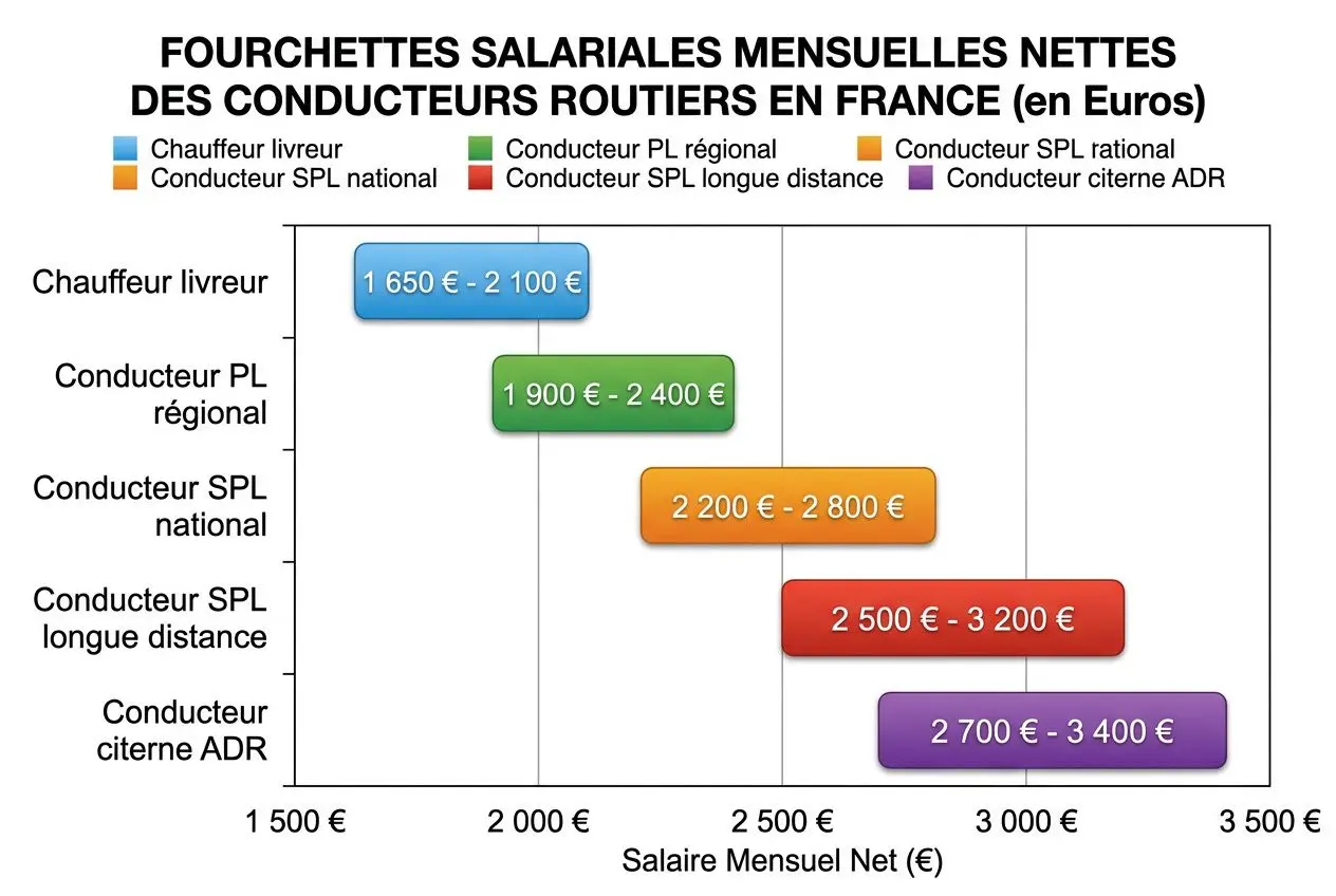 Analyse graphique des salaires mensuels nets des conducteurs routiers en France, avec données par catégorie et plage salariale. Pauv Serge? Sorry.
