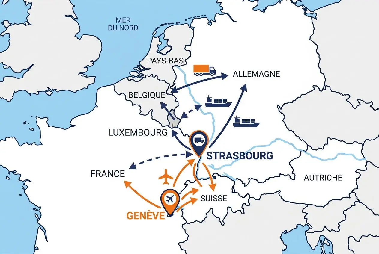 Carte des flux logistiques autour de Strasbourg et Genève avec itinéraires routiers, aérien et maritime en Europe, et trajets vers la Suisse et la France. Offres d'emploi logistique transport.