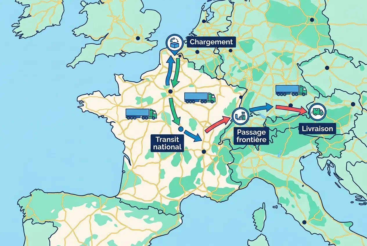 Cartographie des flux logistiques en Europe: itinéraires de transport routier avec chargement, transit national et passage de frontière pour la livraison, adapté au recrutement chauffeur routier.