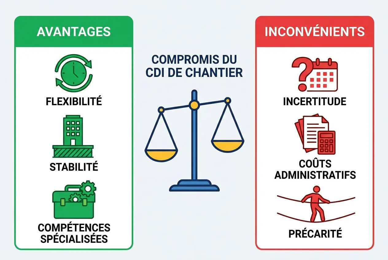 CDI chantier : compromis visuel entre avantages (flexibilité, stabilité, compétences spécialisées) et inconvénients (incertitude, coûts administratifs, précarité) avec balance centrale.