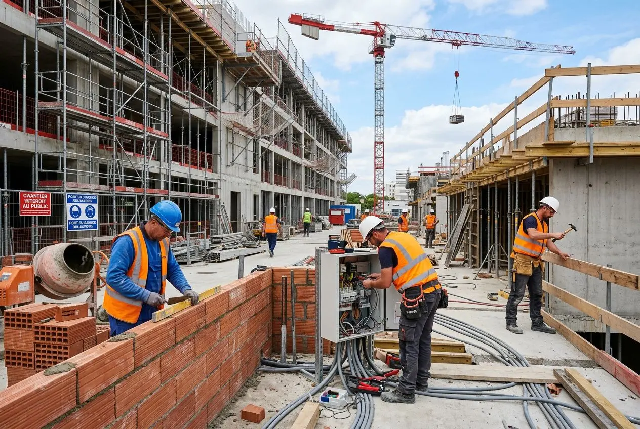 Chantier BTP en activité : ouvriers en vives sont en action, murs en briques, grues et scaffolding, sécurité assurée. recrutement btp secteur inter.