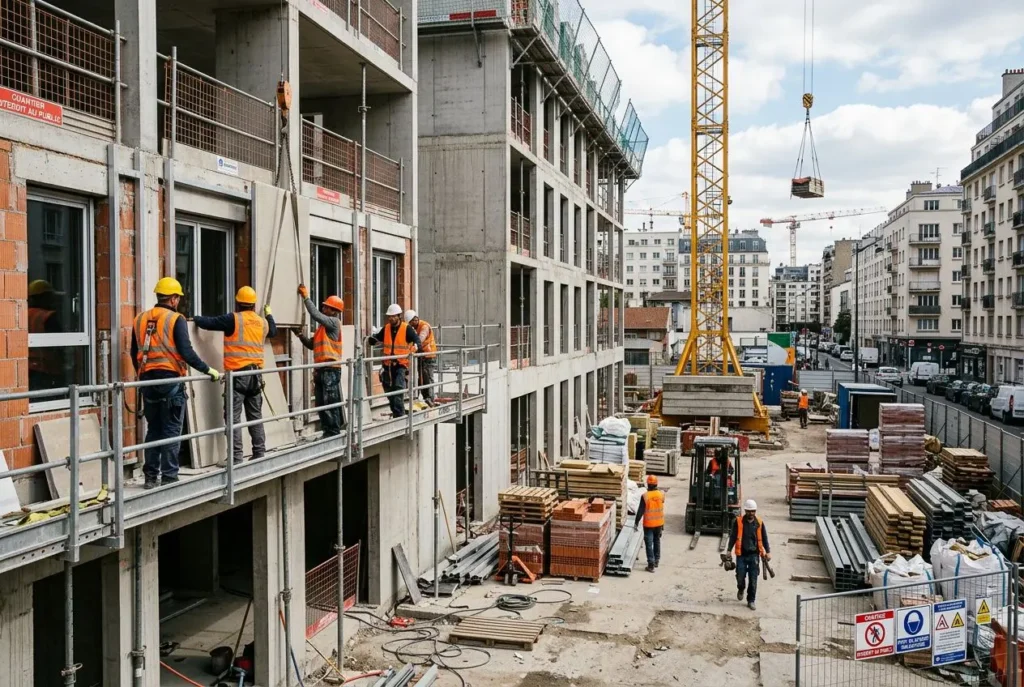 Chantiers de construction avec ouvriers en sécurité sur une façade, grue et matériel de chantier sur le site, activité intensive. CDI chantier avantages inconvénients émergeant du contexte.