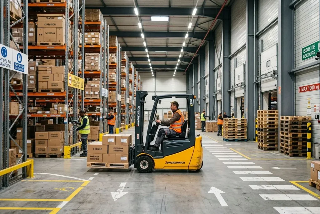 Chauffeur de chariot élévateur dans un entrepôt, palettes et rayonnages rangés prêts à l’expédition, aperçu d’opportunités d’offres d'emploi logistique transport.