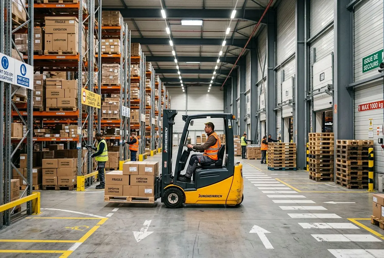 Chauffeur de chariot élévateur dans un entrepôt, palettes et rayonnages rangés prêts à l’expédition, aperçu d’opportunités d’offres d'emploi logistique transport.