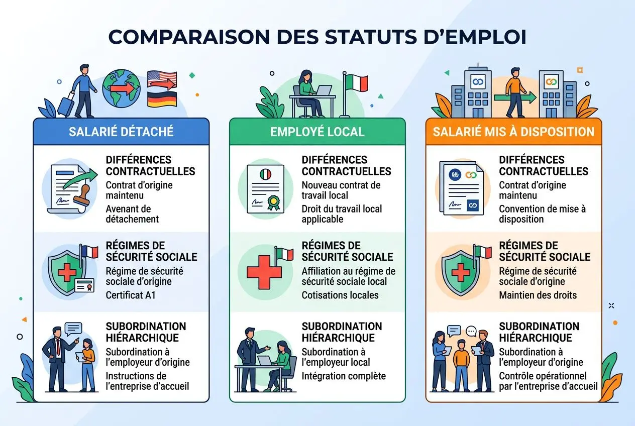 Comparaison des statuts d’emploi : travailleurs détachés, employés locaux et salariés mis à disposition avec leurs différences contractuelles et régimes de sécurité sociale.