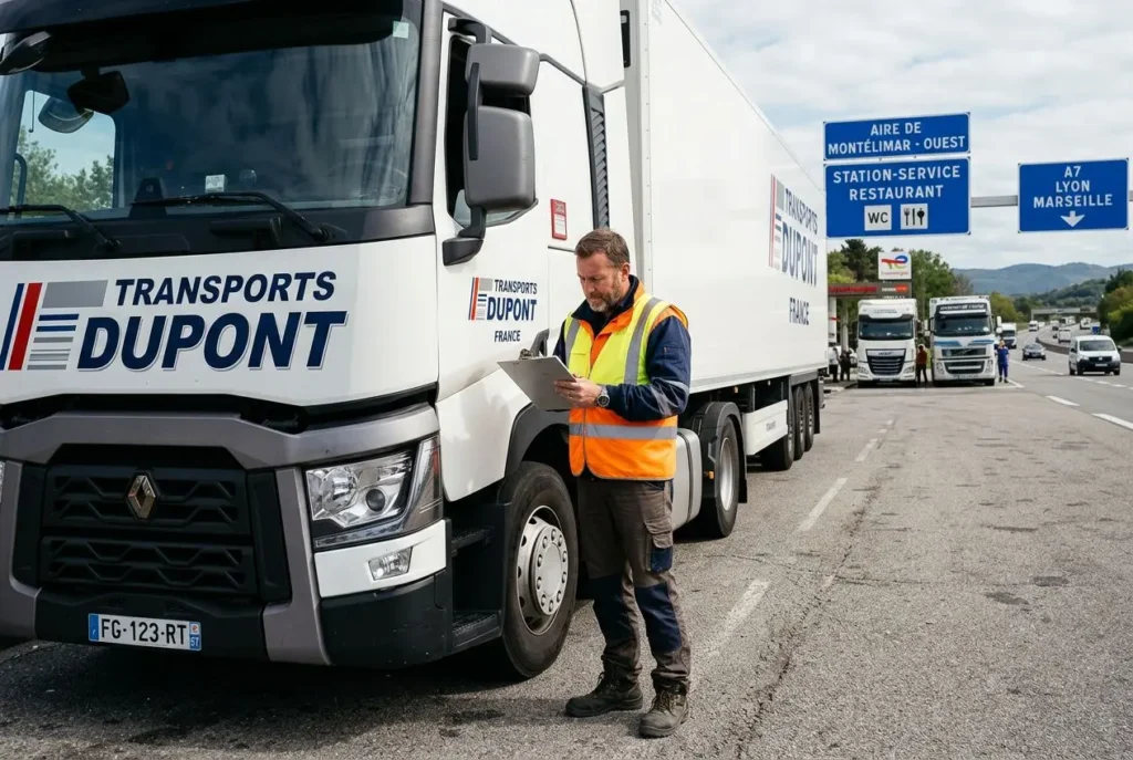 Conducteur routier devant un camion de Transport Dupont sur autoroute, inspectant un document près du véhicule. Recrutement chauffeur routier.