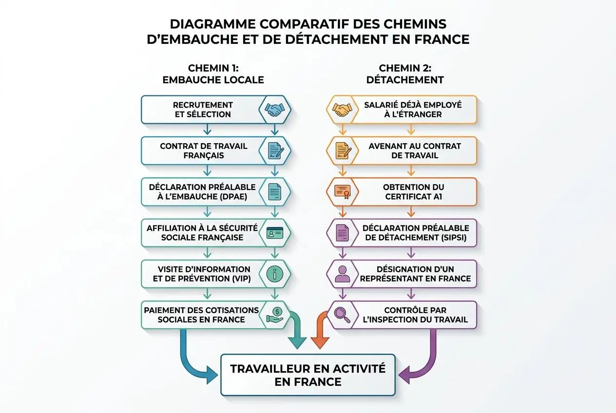 Diagramme comparatif des chemins d'embauche et de détachement en France montrant les étapes pour salarié en activité, et les démarches pour détachement d’un travailleur roumain. intégration du mot-clé: comment embaucher un travailleur roumain en france.