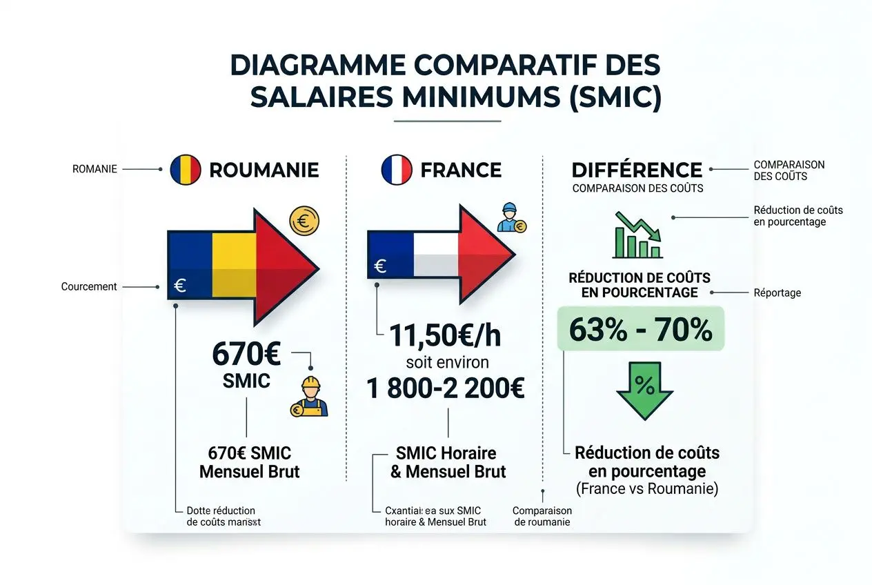 Diagramme comparatif des salaires minima SMIC: comparaison Roumanie/France et différence des coûts, montrant 670€ SMIC ROMANIE et 11,50€/h en France avec réduction des coûts. Agence intérim roumanie en france intégrée.