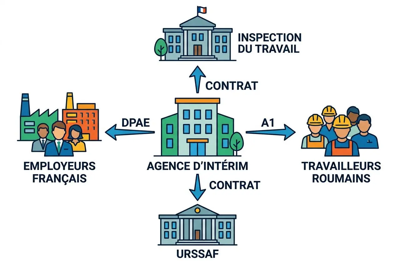 Diagramme: procédure de recrutement d’un travailleur roumain en France via une agence d’intérim, montrant employeurs français, agence d’intérim, travailleurs roumains, URSSAF et l’inspection du travail, avec flèches et contrats. intégré: comment embaucher un travailleur roumain en france.