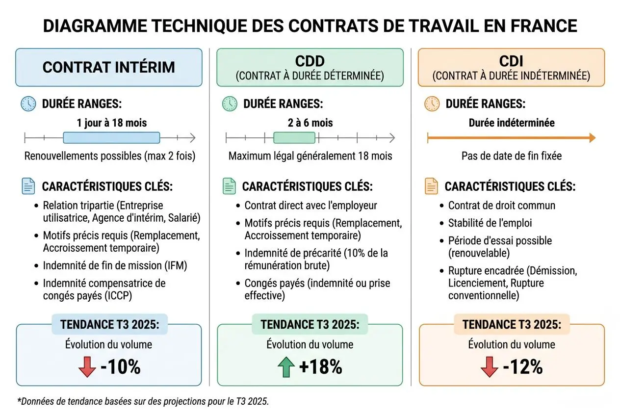 Diagramme technique des contrats de travail en France: détails des contrats intérim, CDD et CDI avec durées, caractéristiques clés et tendances T3 2025 (volume et changements). Intègre “recrutement btp secteur inter” naturellement.