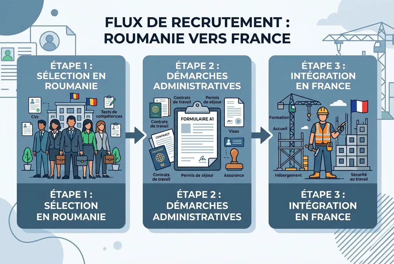 Flux de recrutement : Roumanie vers France avec étapes de sélection, démarches administratives et intégration en France, agence interim roumanie en france.