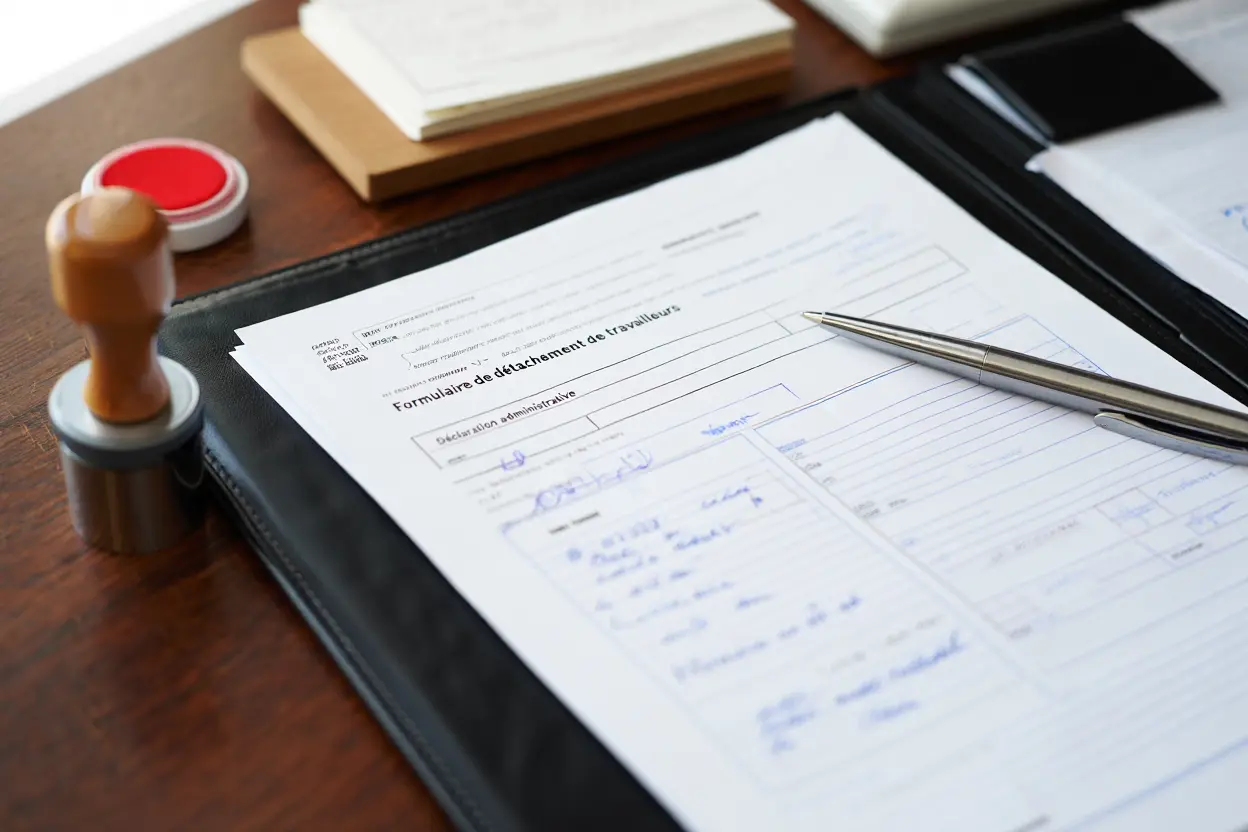 Formulaire d’attestation de détachement sur une feuille de papier, stylo posé à côté et tampons sur le bureau.