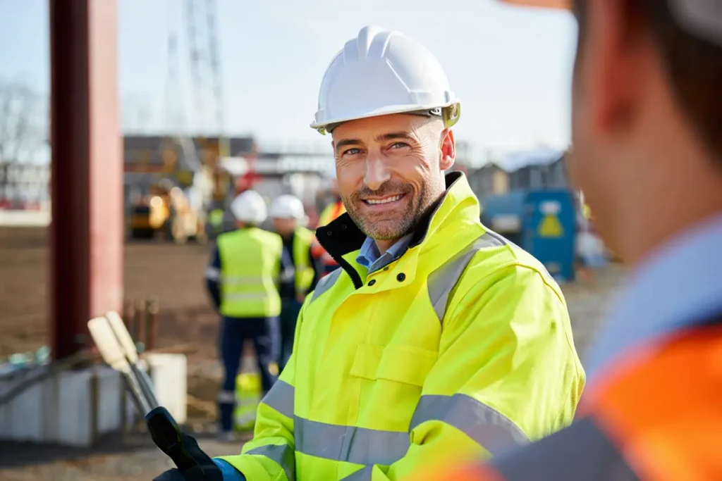 Homme portant casque blanc et veste haute visibilité jaune, sur un chantier, sourire chaleureux, avec d’autres travailleurs en arrière-plan. travailleurs détachés avantages inconvénients intégré dans la description.