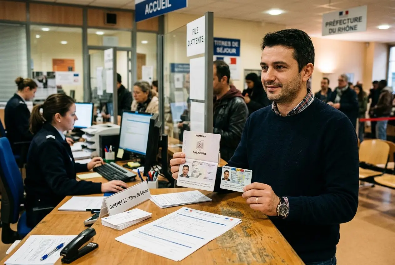Homme tenant deux documents d’identité au guichet accueil d’une préfecture, agents au comptoir et ligne d’attente en arrière-plan. titre de séjour roumain en France intégré.