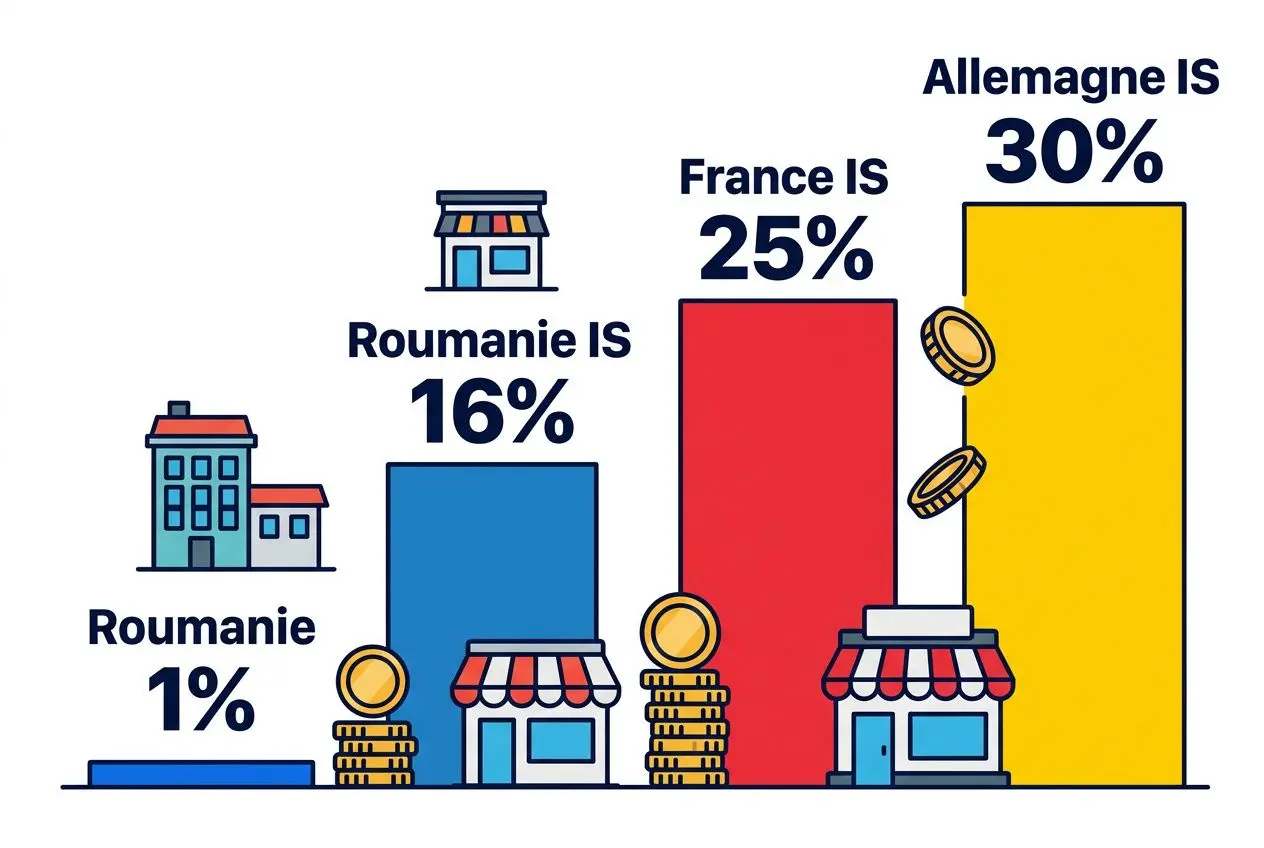 Illustration comparative des taux d’imposition en Europe: Roumanie 1%, 16% pour Roumanie IS, 25% France IS, 30% Allemagne IS; icônes de magasins et pièces. Avantages fiscaux en roumanie évoqué.