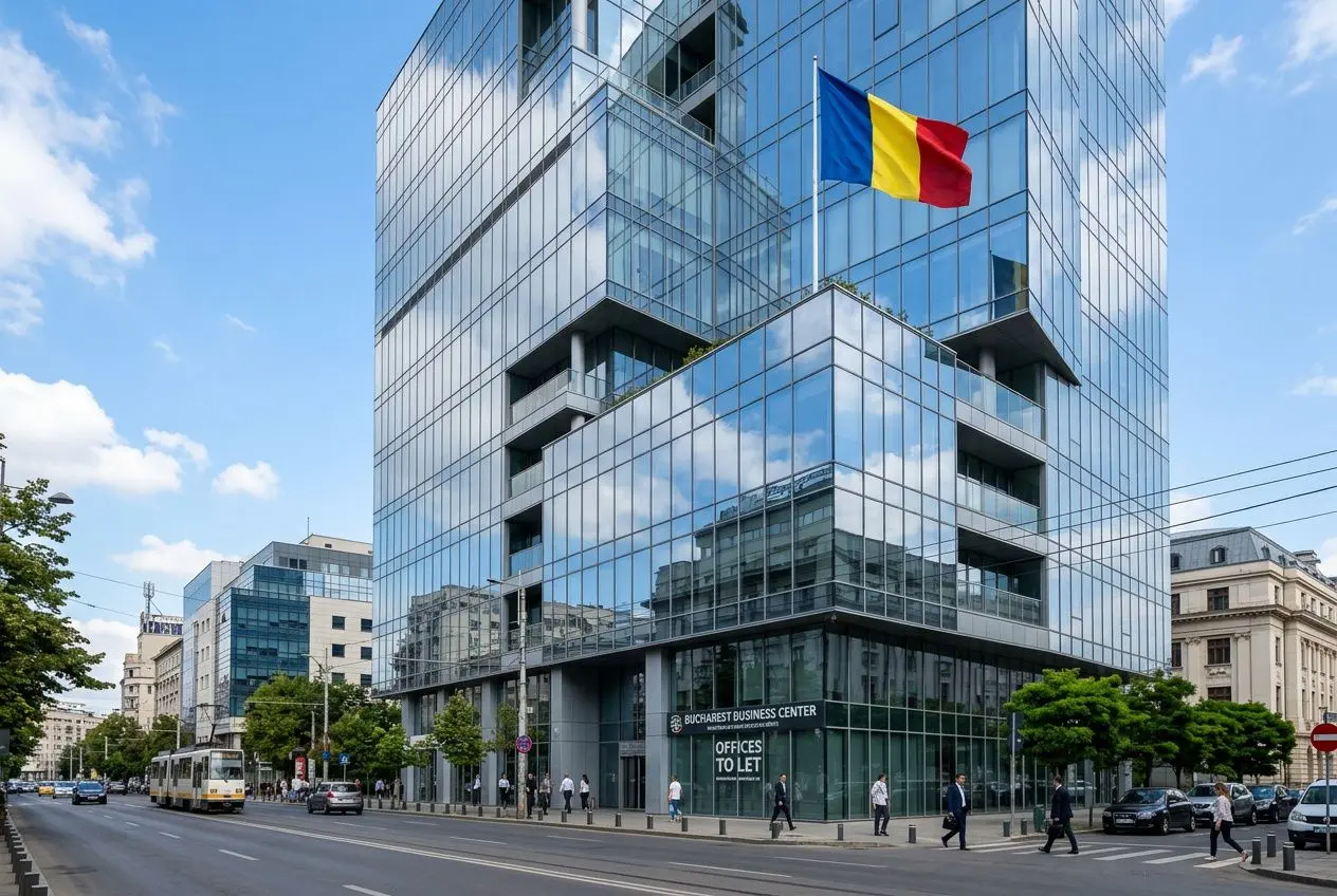 Immeuble moderne en verre à Bucarest avec drapeau roumain, rue animée et bureaux, évoquant l’environnement fiscal et les avantages fiscaux en Roumanie.