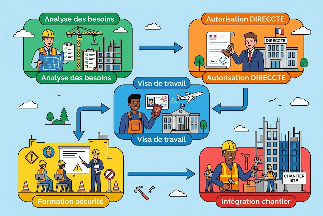 Processus de recrutement BTP secteur intérim: analyse des besoins, visas de travail, autorisations et formation sécurité, intégration chantier.