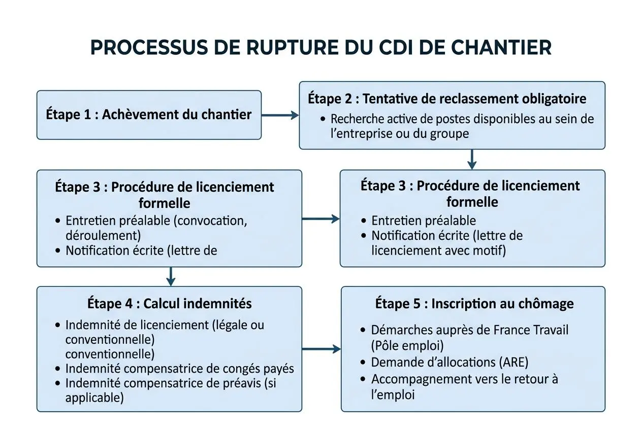 PROCESSUS DE RUPTURE DU CDI DE CHANTIER: étapes et procédures, indemnités et inscription au chômage, avec avantages et inconvénients du cdi chantier.
