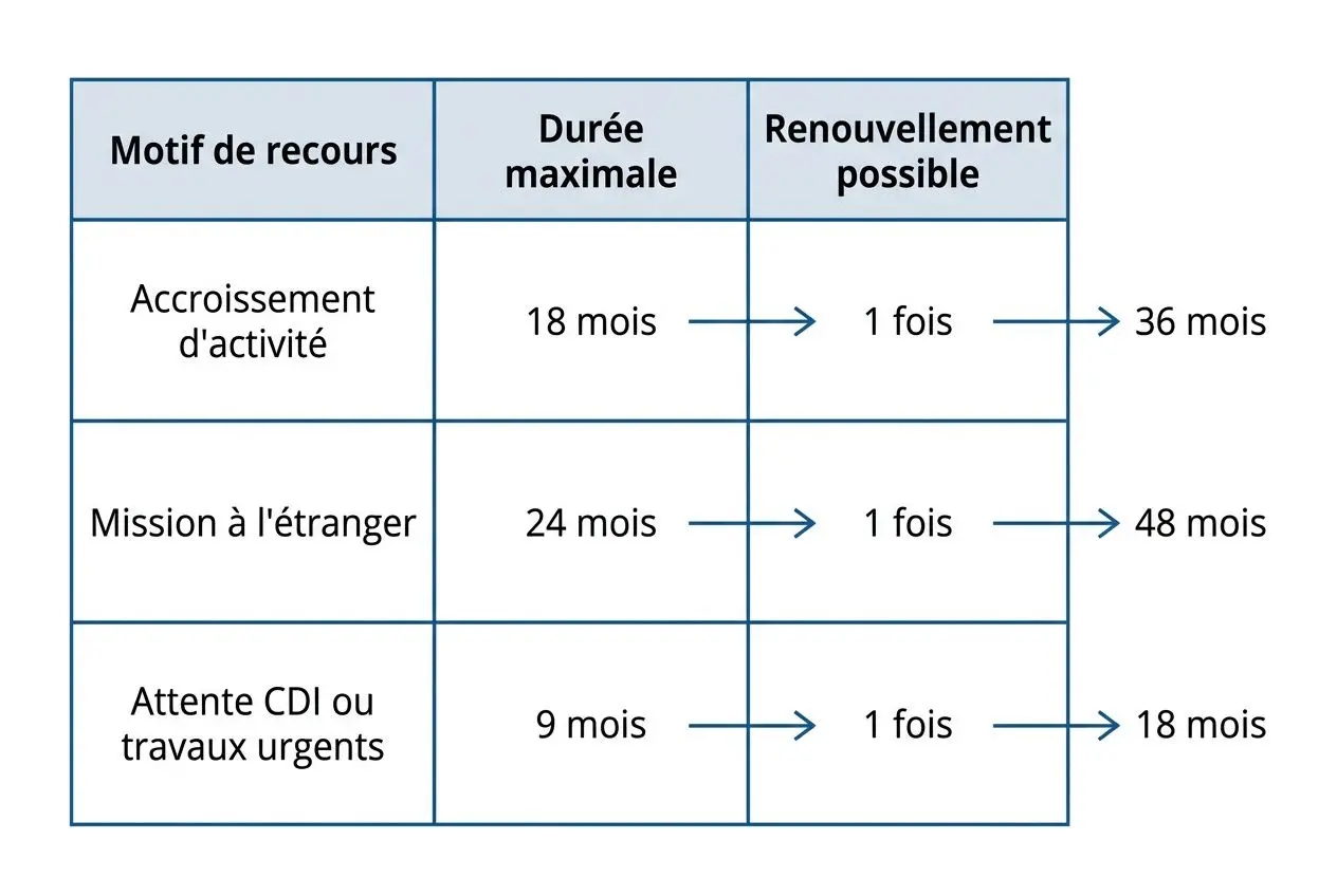 Tableau présentant les motifs de recours et leurs durées, avec renouvellement possible jusqu’à 36 mois ou 48 mois selon le motif (activité accrue, mission à l’étranger, attente/CDI ou travaux urgents).