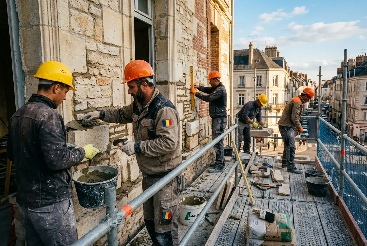 Travailleurs du bâtiment sur une échafaudage en façade, portant casques et gants, appliquant du mortier sur mur en pierre. agence interim roumanie en france.