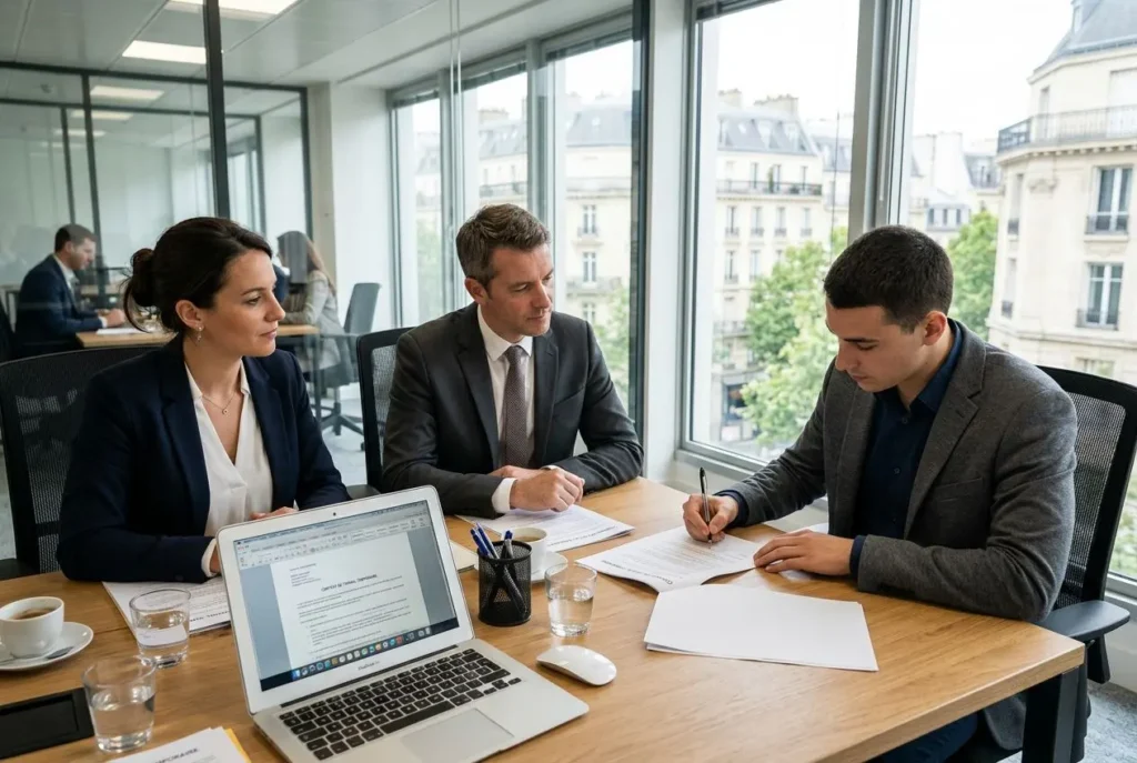 Trois professionnels en réunion de travail discutant d’un document, sur fond de bureaux lumineux et ordinateur ouvert sur la table. Contrat de travail temporaire avantages et inconvénients.