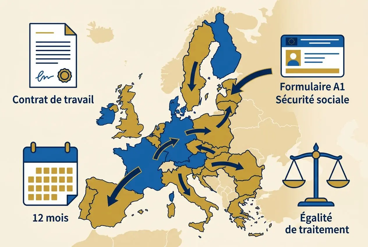 Carte de l’Europe expliquant la directive travailleurs détachés: contrats, formulaires A1, 12 mois, égalité de traitement.