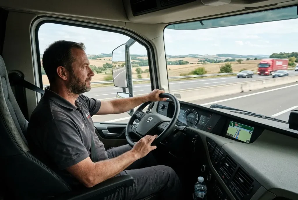 Conducteur de poids lourds à l’intérieur d’un camion, route au loin, vue panoramique, eaux et horizon, tableau de bord et GPS visibles. Transport routier international salaire.
