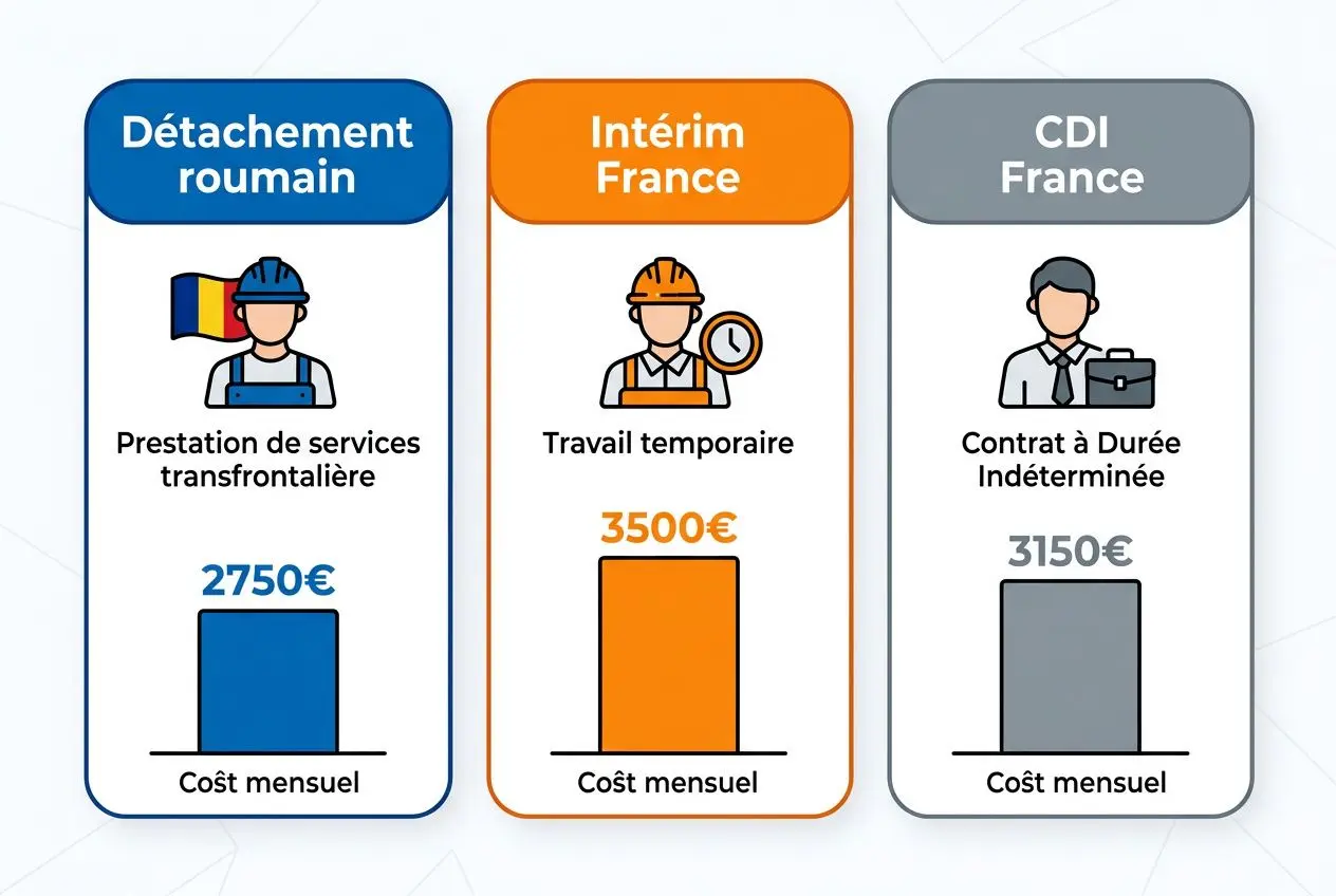 Coût travailleur détaché roumain : graphique comparant détachement roumain, intérim France et CDI France avec coûts mensuels respectifs.