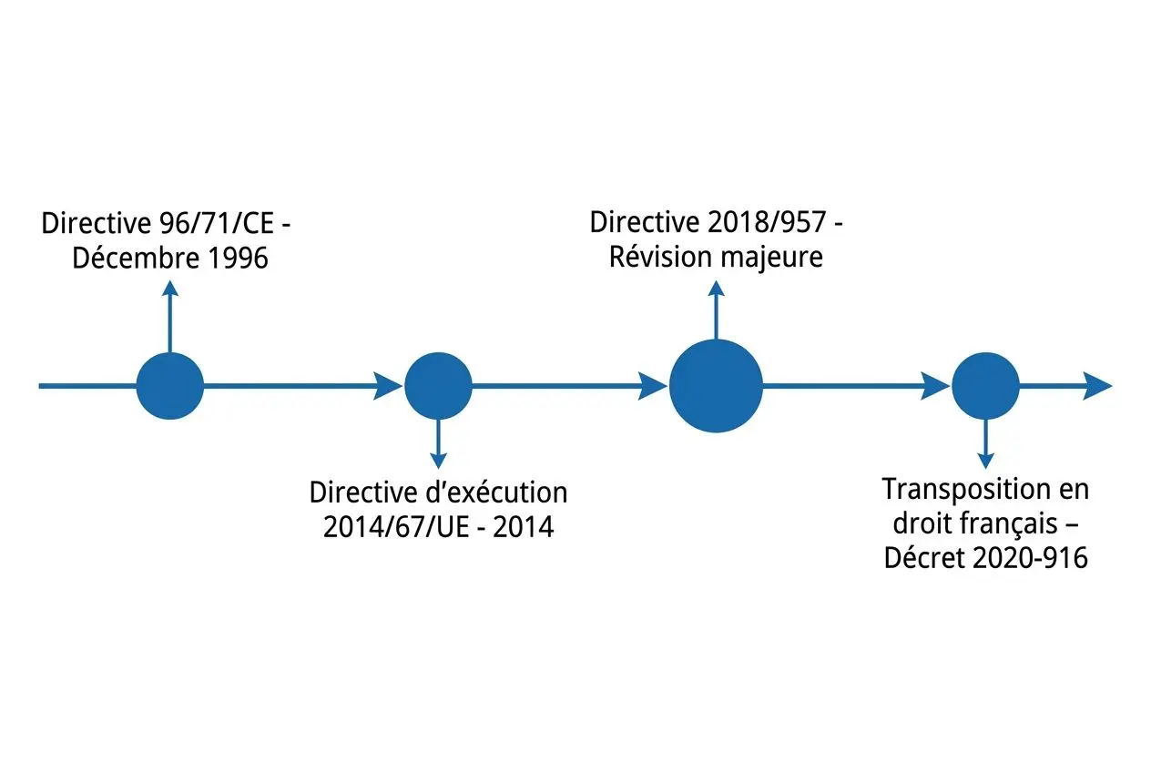 Directive travailleurs détachés : illustration montrant l’évolution des cadres juridiques européens, des directives et transpositions.