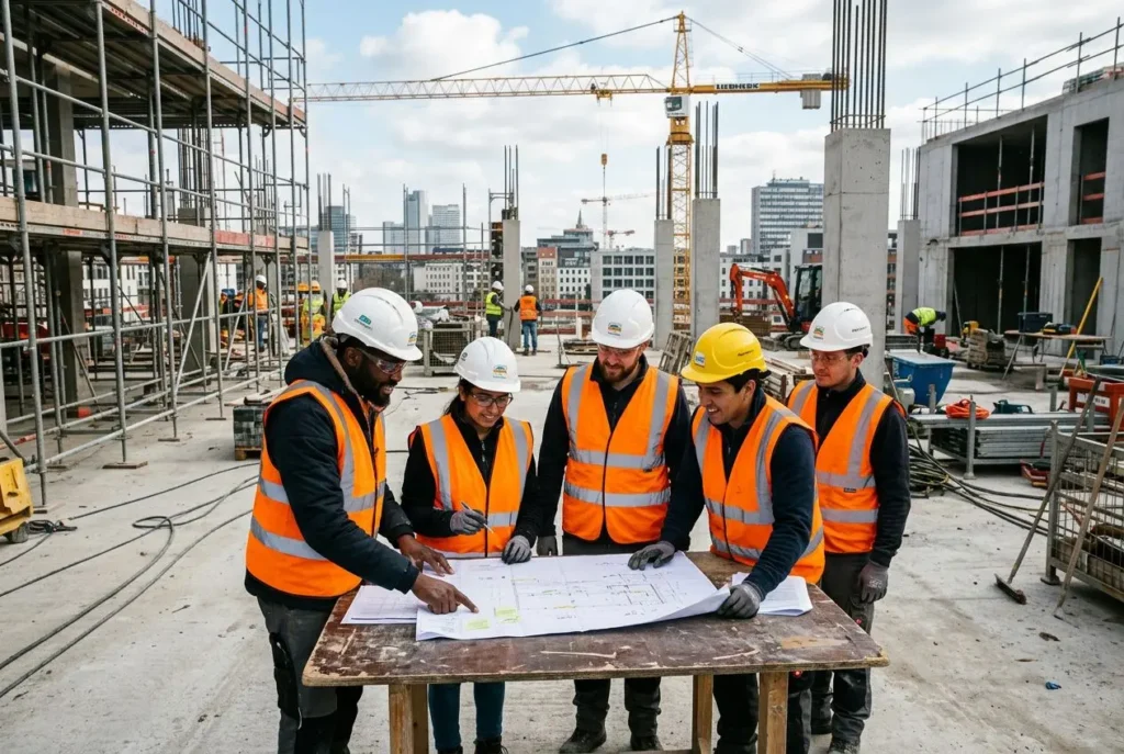 Équipe de travailleurs en chantier portant des gilets orange et casques, examinant un plan sur une table au milieu d’un vaste site de construction avec grue et bâtiments en cours. directive travailleurs détachés