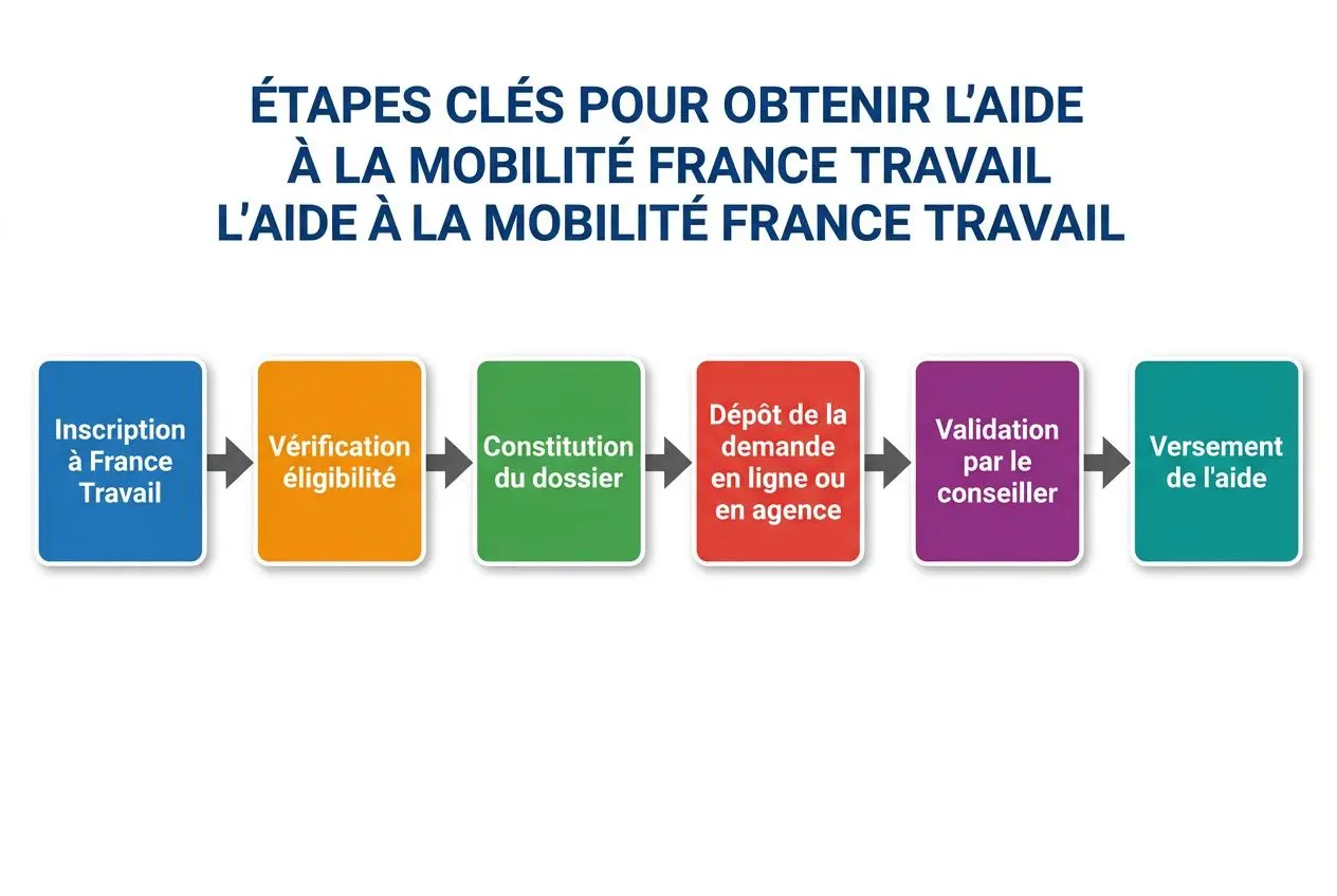 Étapes clés pour obtenir l’aide à la mobilité France Travail, incluant les étapes d’inscription, vérification, constitution du dossier et versement de l’aide. aide à la mobilité france travail.