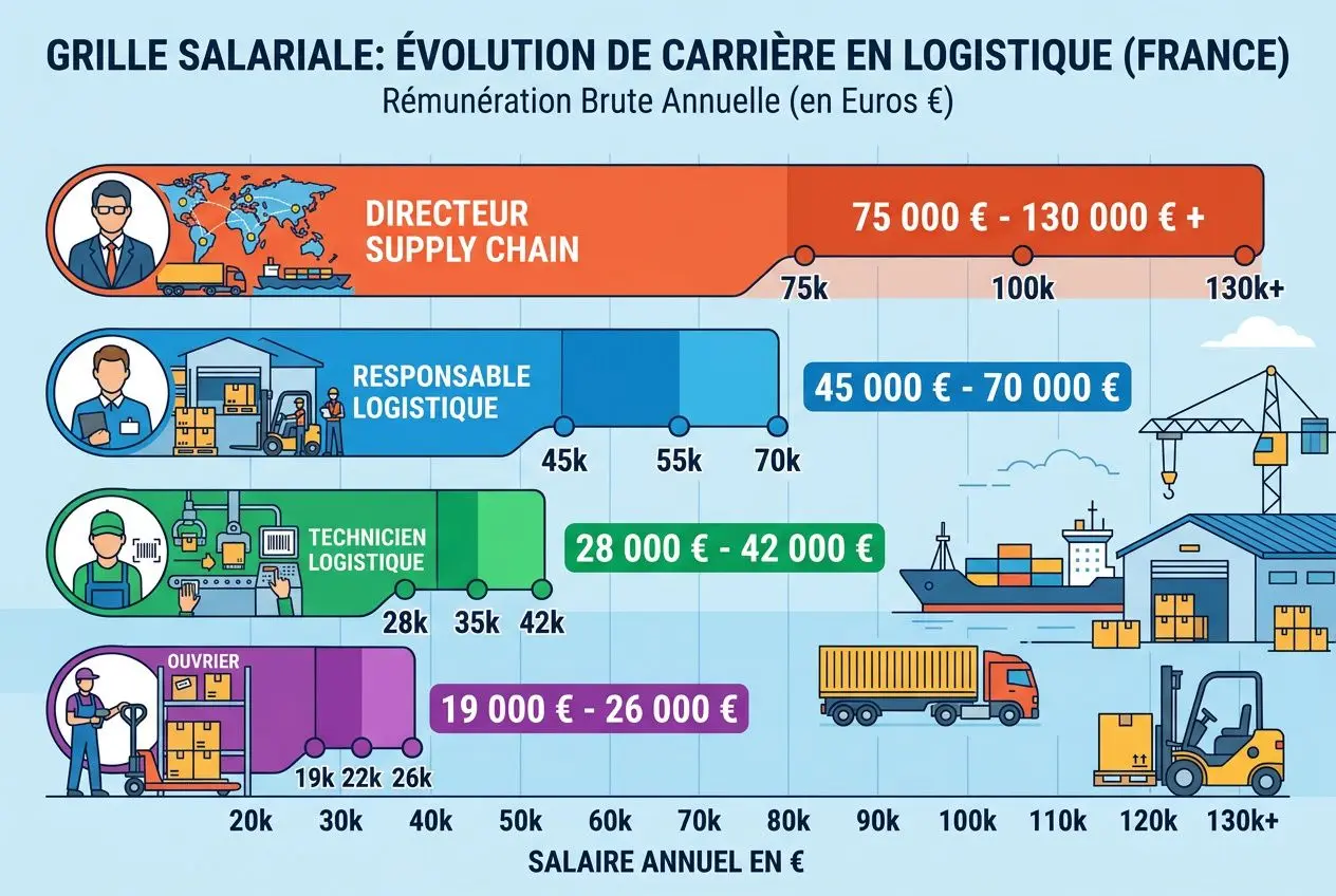 Grille salariale des métiers de la logistique: directeur supply chain, responsable logistique, technicien logistique et ouvrier, avec salaires annuels de 19 000 à plus de 130 000 euros.